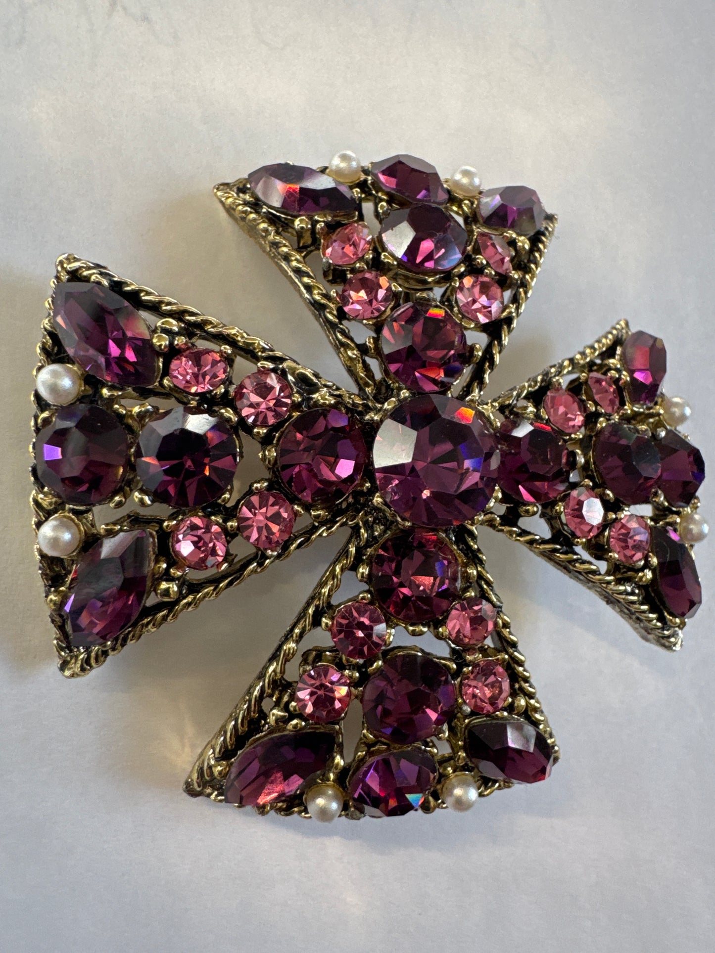 Beautiful purple rhinestone, Maltese cross brooch/pendant. Road
