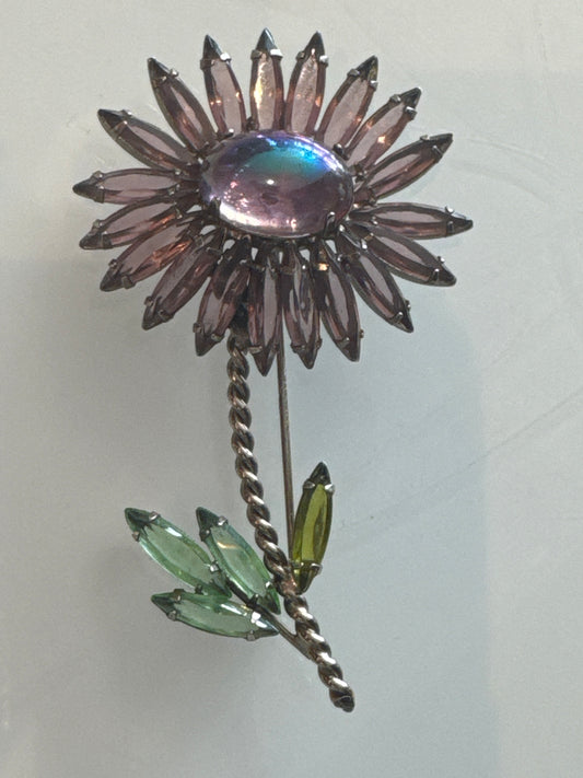 Vintage Jewelry SCHREINER Flower Brooch, Statement Unsigned Floral Pin Purple, Green Rhinestones 1950s Mid Century