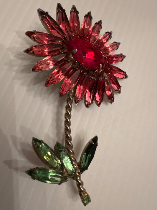 Stunning very rare SCHREINER flower brooch with pink, red and green rhinestones