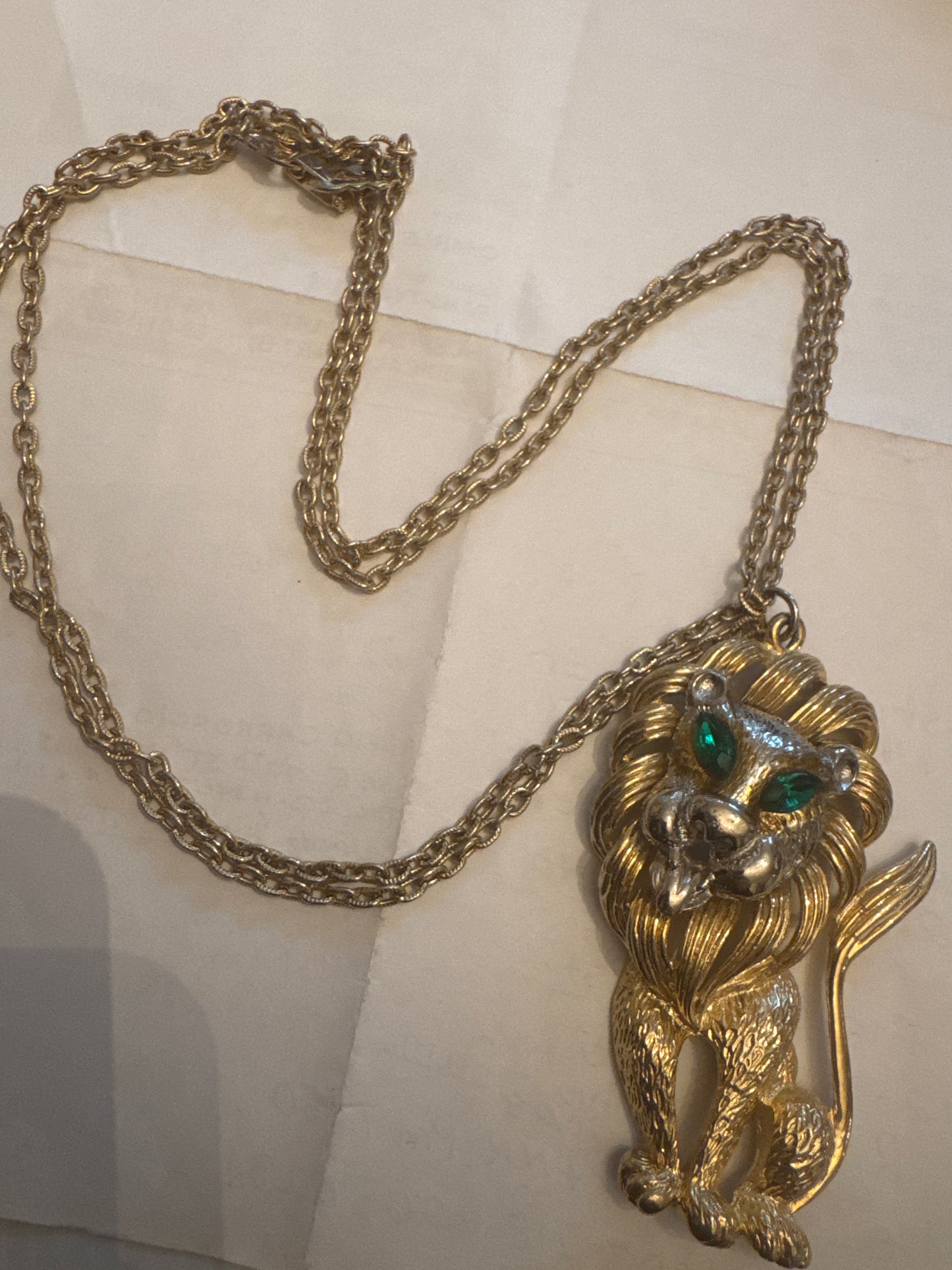 adorable vintage gold tone with rhinestone double chain lion pendant necklace. Sourced in Paris.