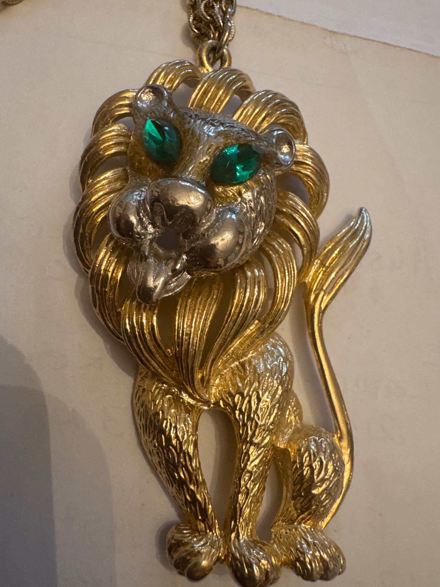 adorable vintage gold tone with rhinestone double chain lion pendant necklace. Sourced in Paris.