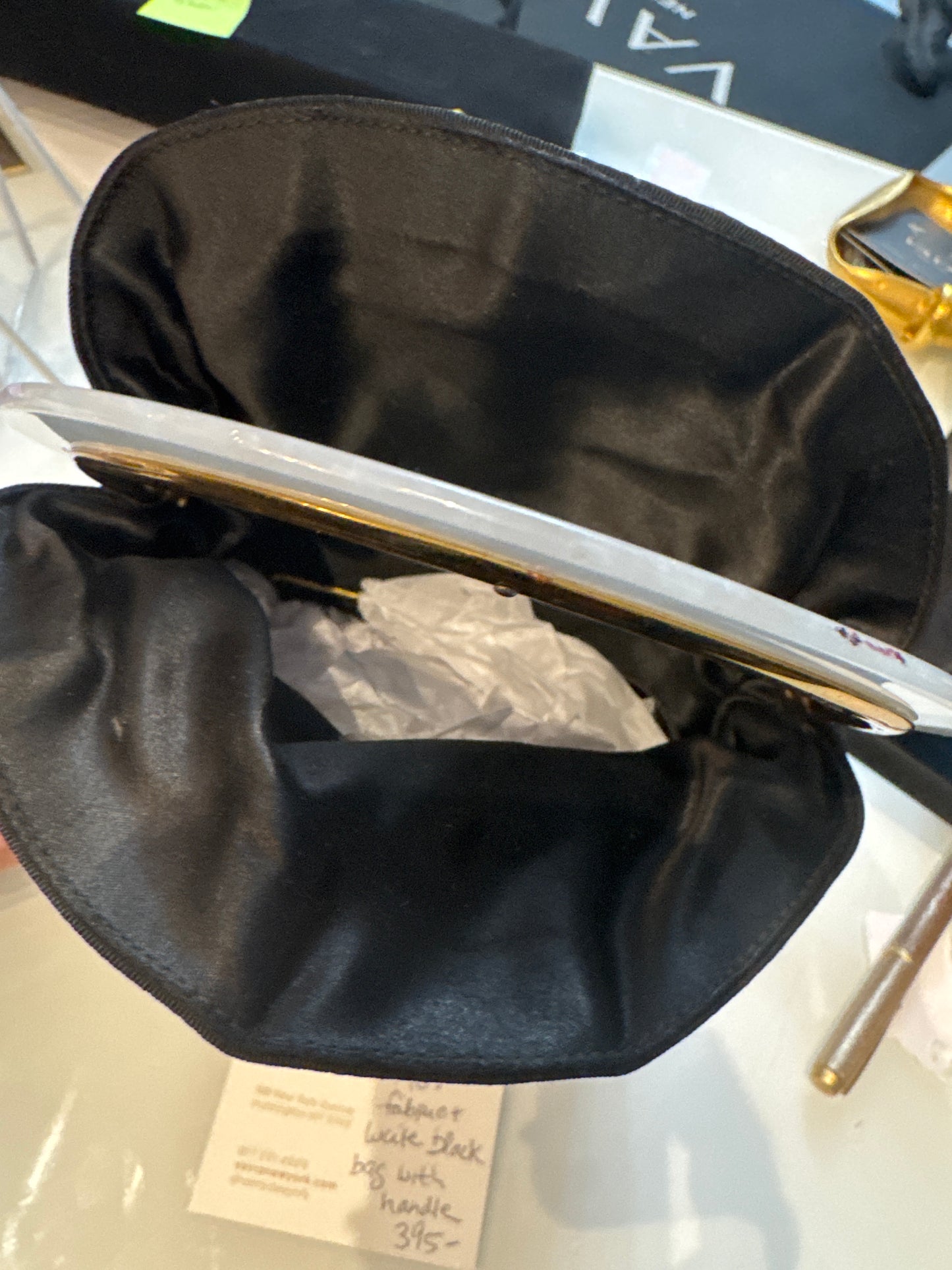 1940s black satin lucite top handle bag