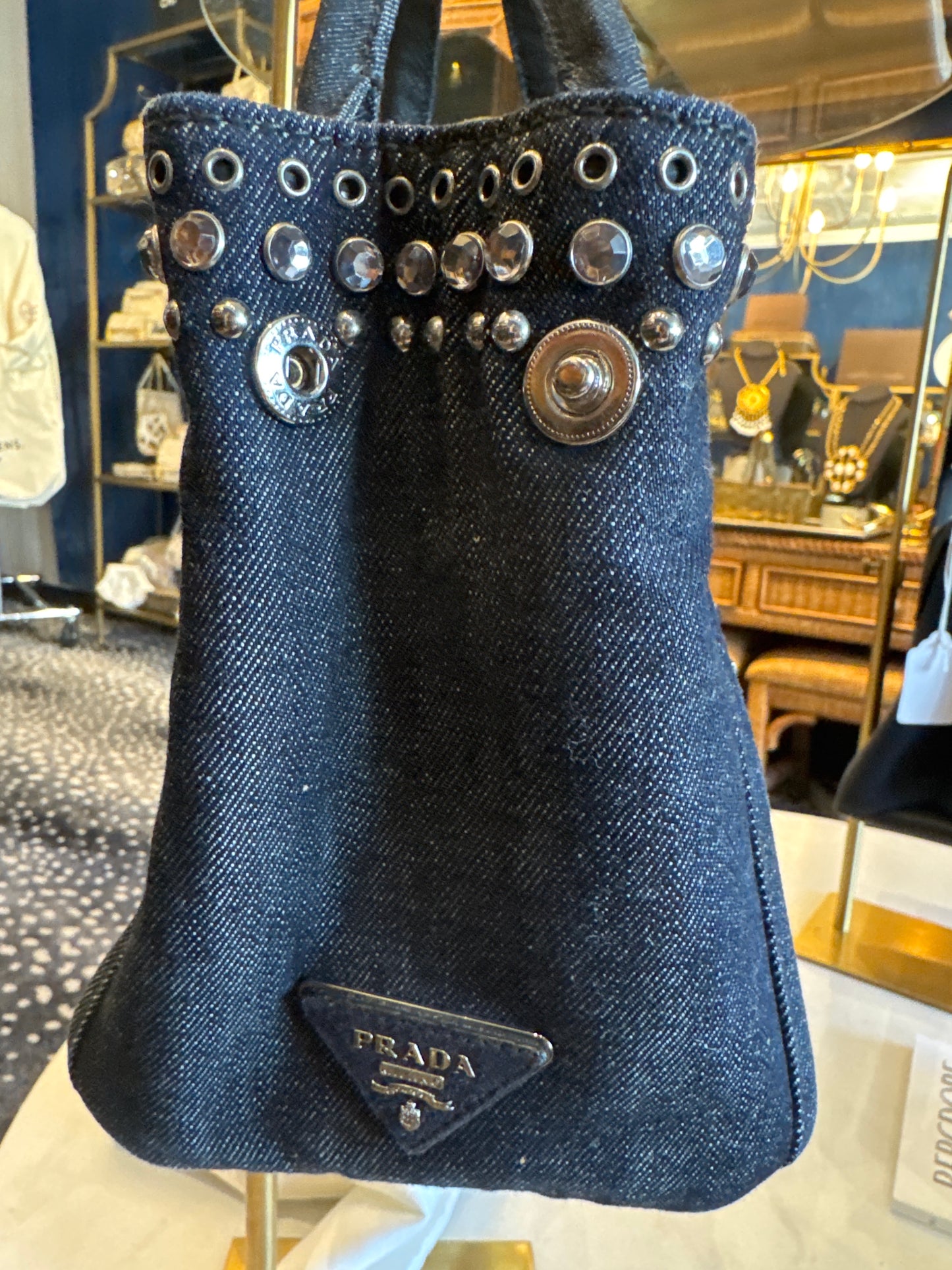 fabulous Prada top handle denim tote with rhinestones. The ultimate summer bag.