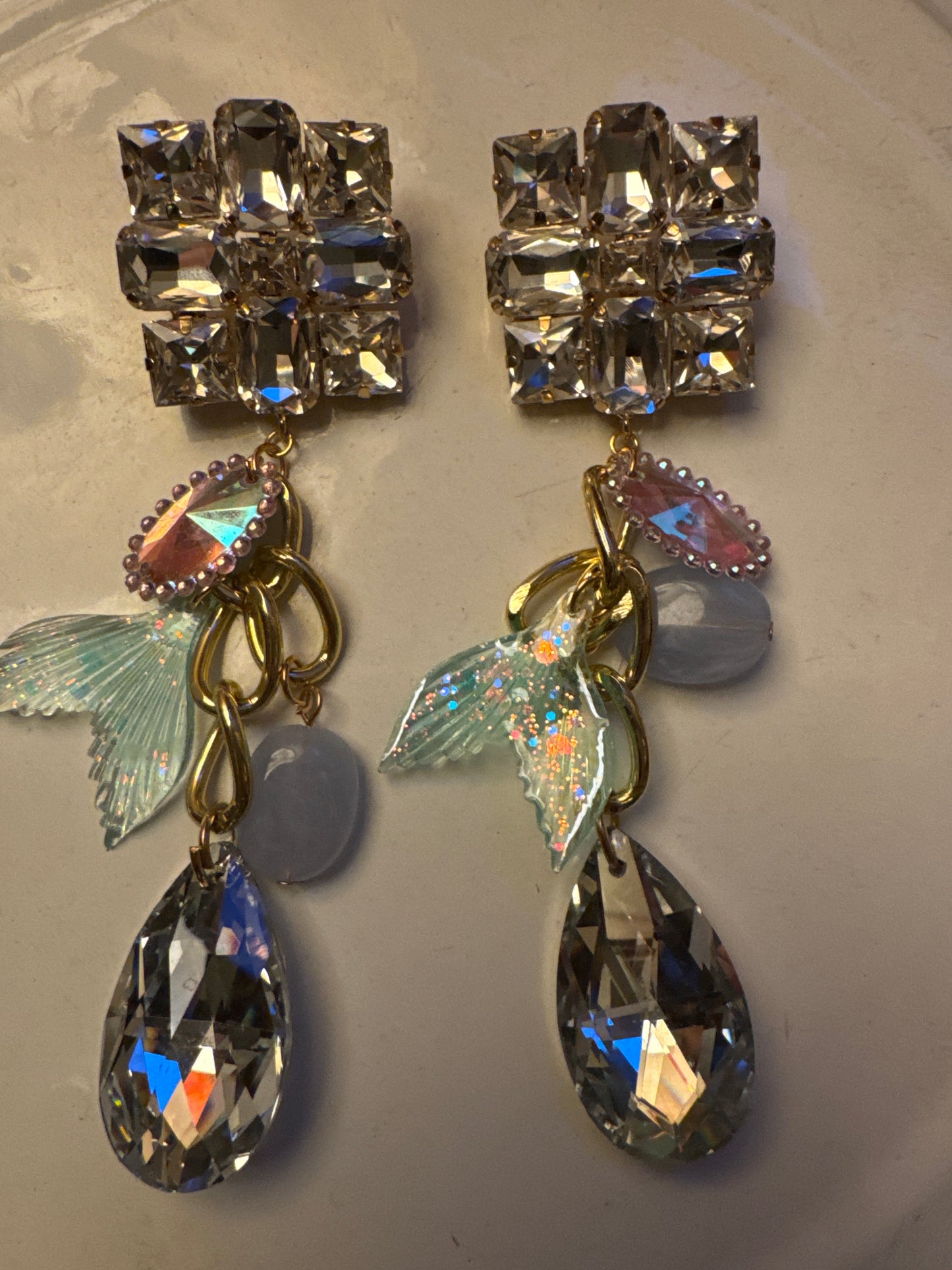 1980s extra long, PIERCED dangle rhinestone earrings. Sourced in Paris.