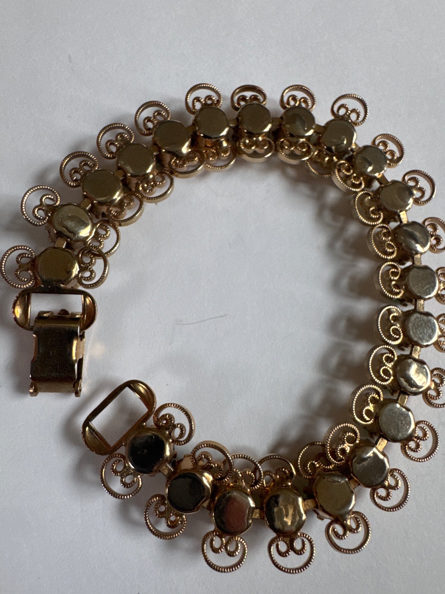 1960s delicate light green rhinestone with gold tone, filigree bracelet