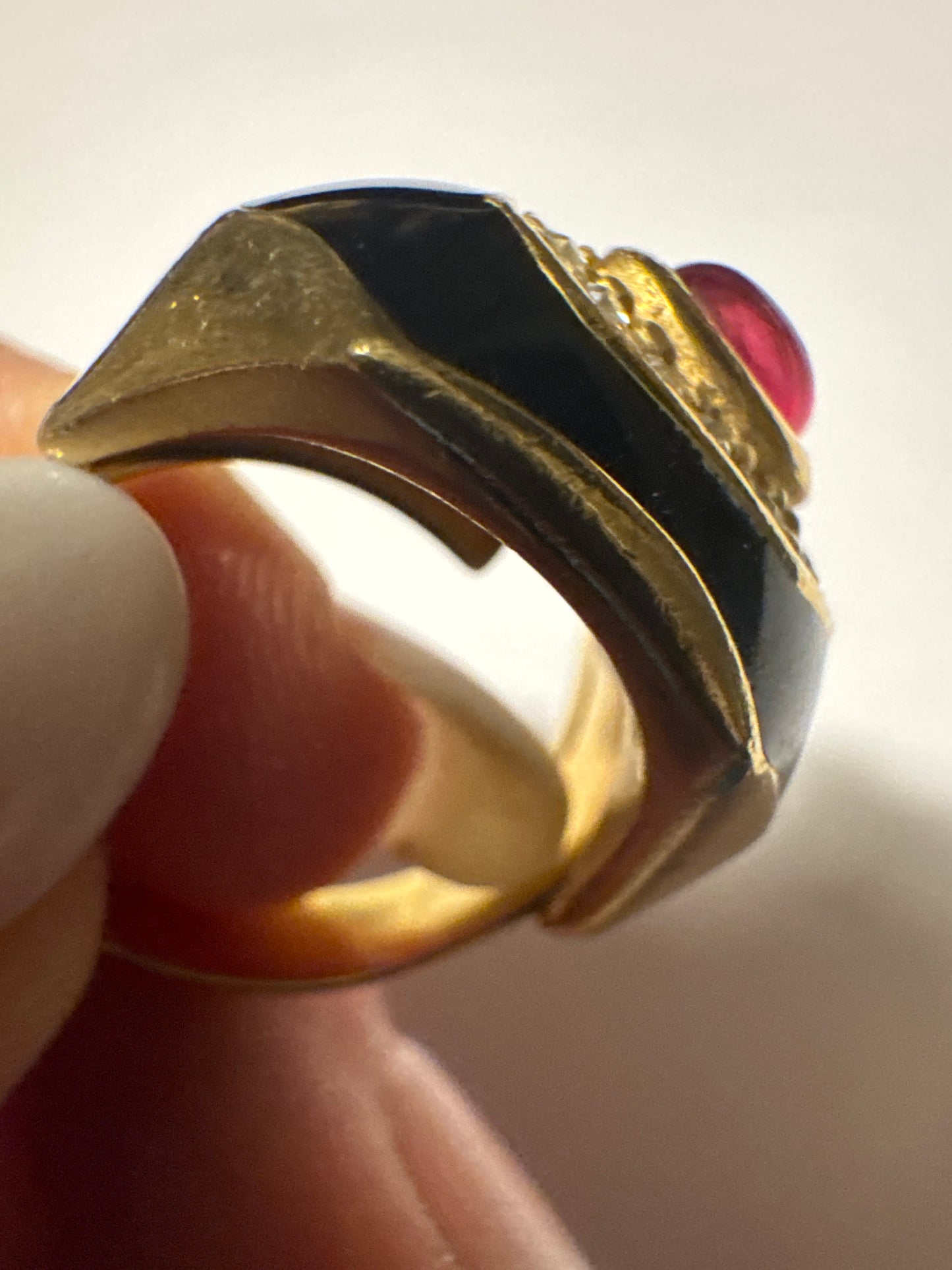 Beautiful signed Dior 1980s ring with black enamel and ruby colored glass stone