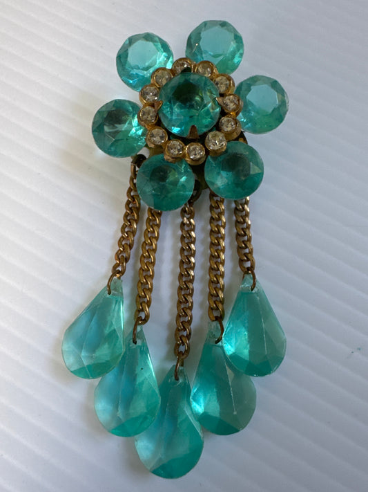 Beautiful 1940s turquoise lucite flower brooch with dangling to teardrops