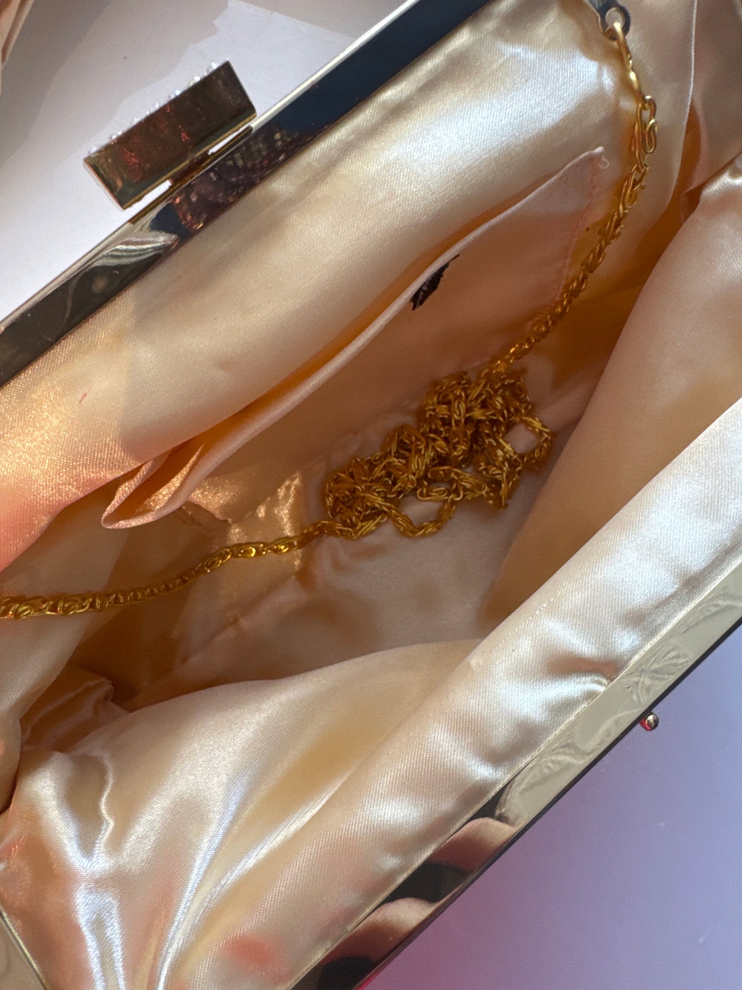 Retro gold metal clutch with Crossbody strap, optional and rhinestone clasp
