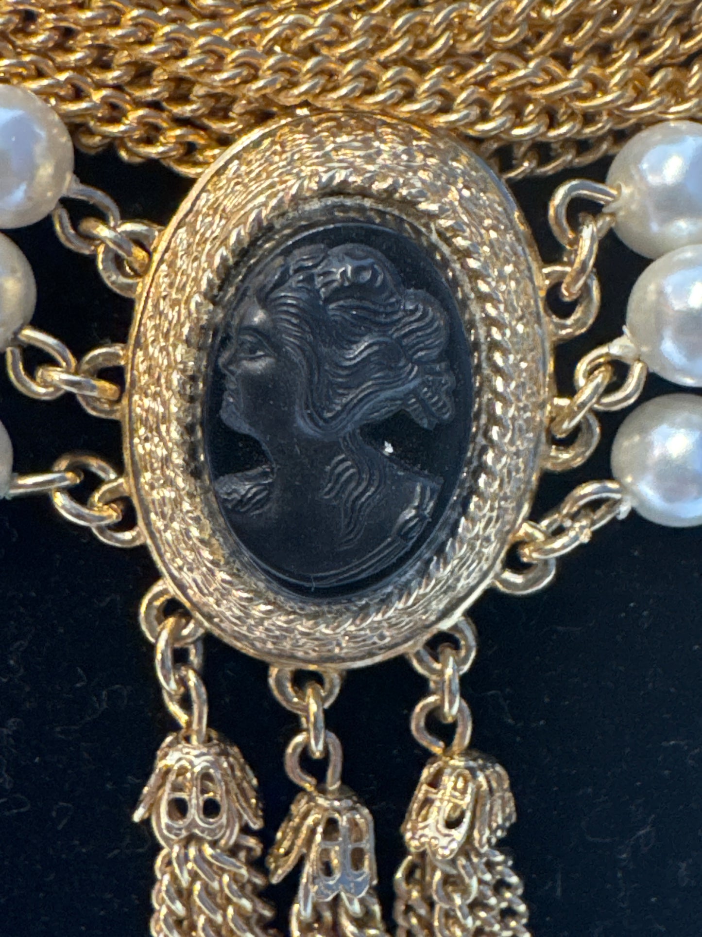 Fabulous vintage multi strand, gold tone, cameo necklace with pearls and tassel