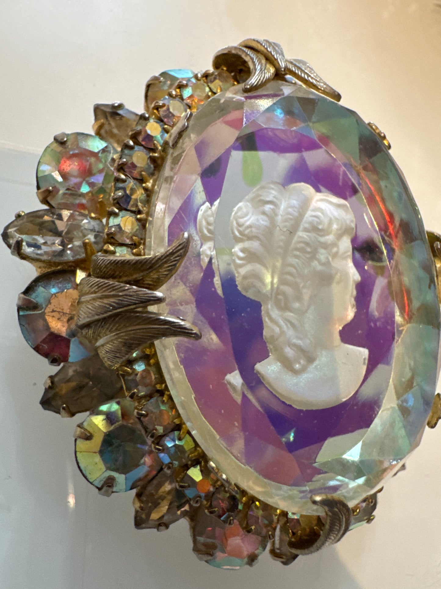 Juliana mid century rhinestone cameo brooch/pendant with aurora borealis stones