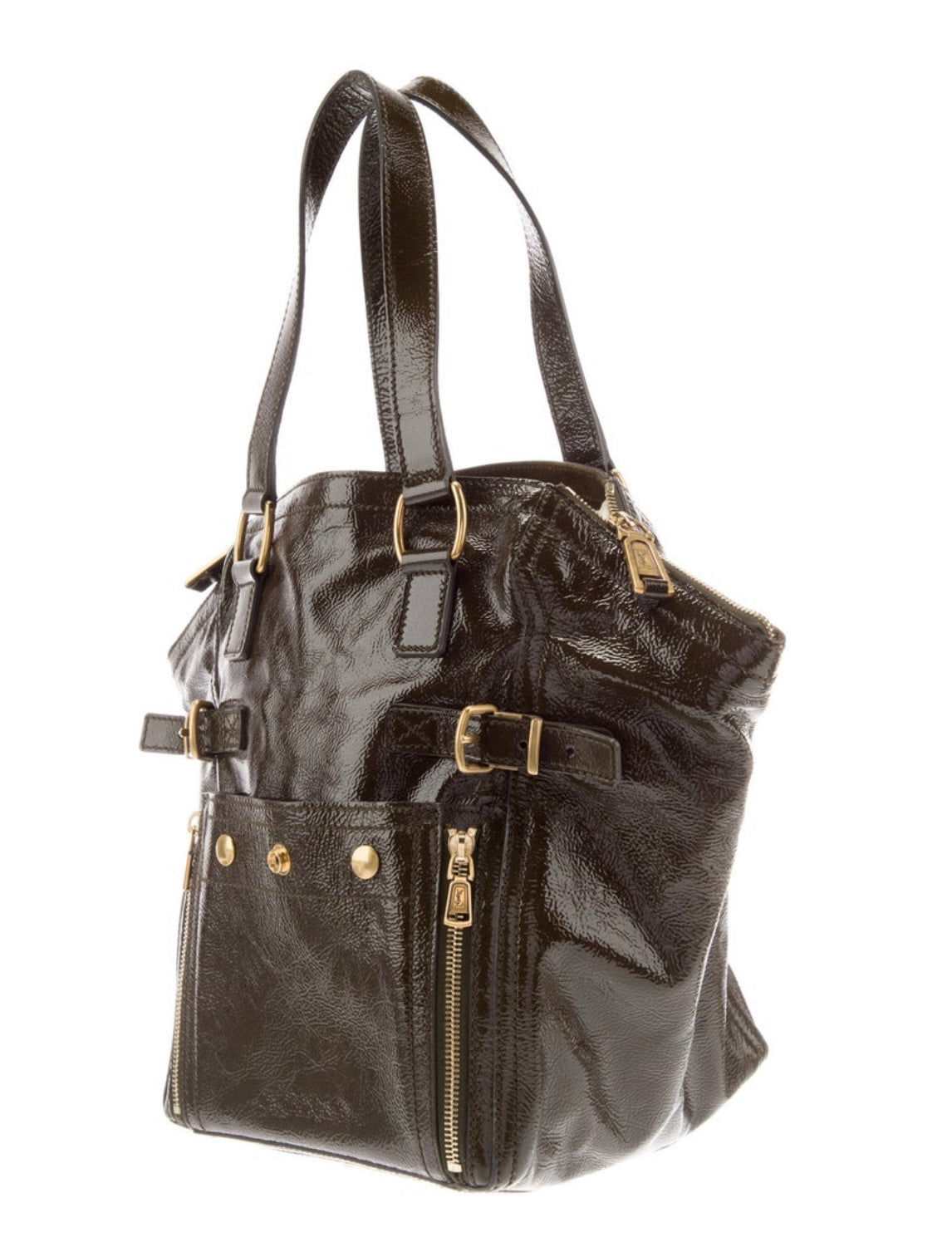 YSL Yves Saint Laurent brown patent leather top handle Downtown bag with gold hardware. Comes with dust bag. Great condition