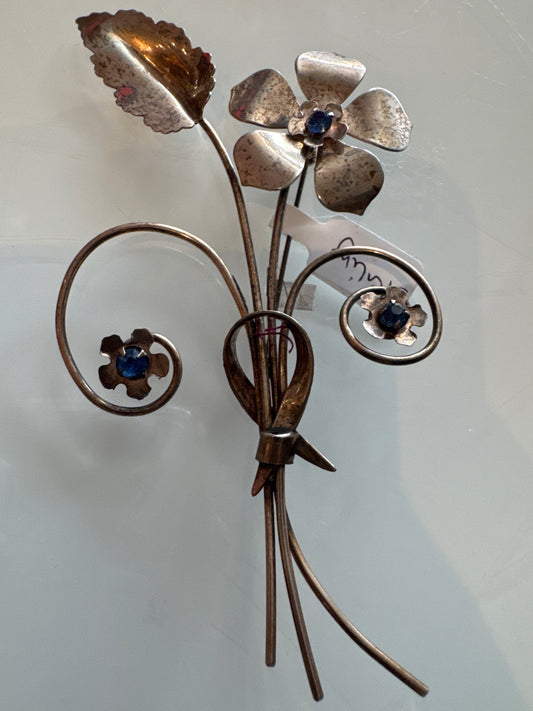 sterling jumbo flower bouquet brooch with blue rhinestones