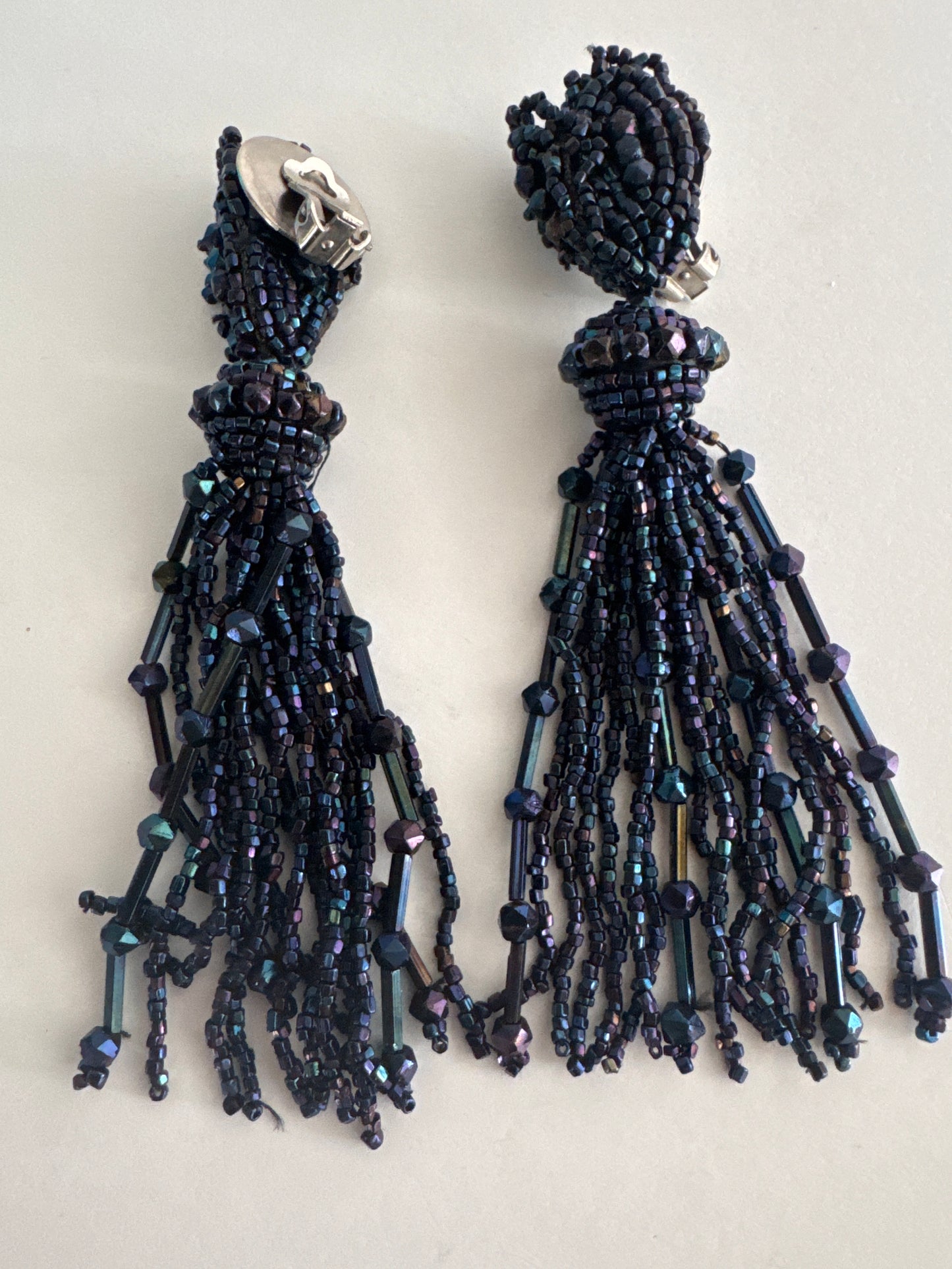 1930s clip on beaded tassel dangle earrings