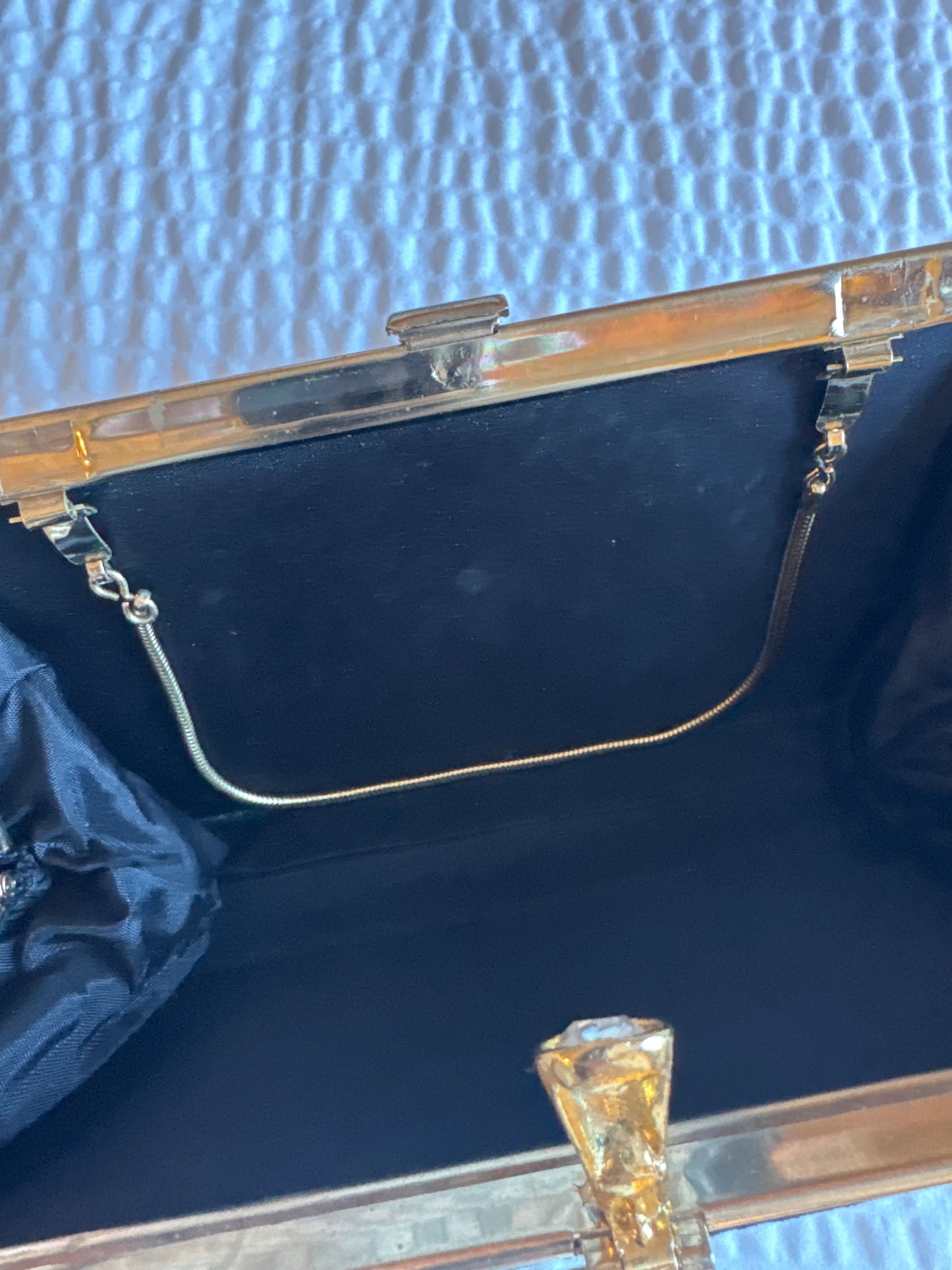 1950s black velvet moire evening bag with jewel class and optional gold chain handle. jackpot