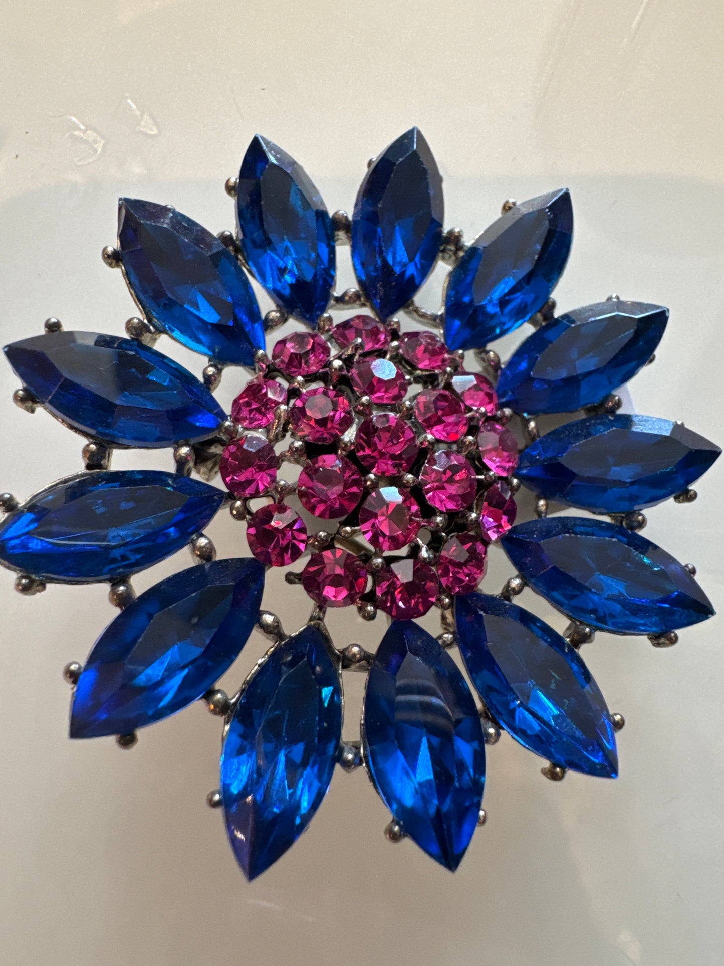 Vintage RARE Weiss signed 1950s blue and pink rhinestone flower brooch
