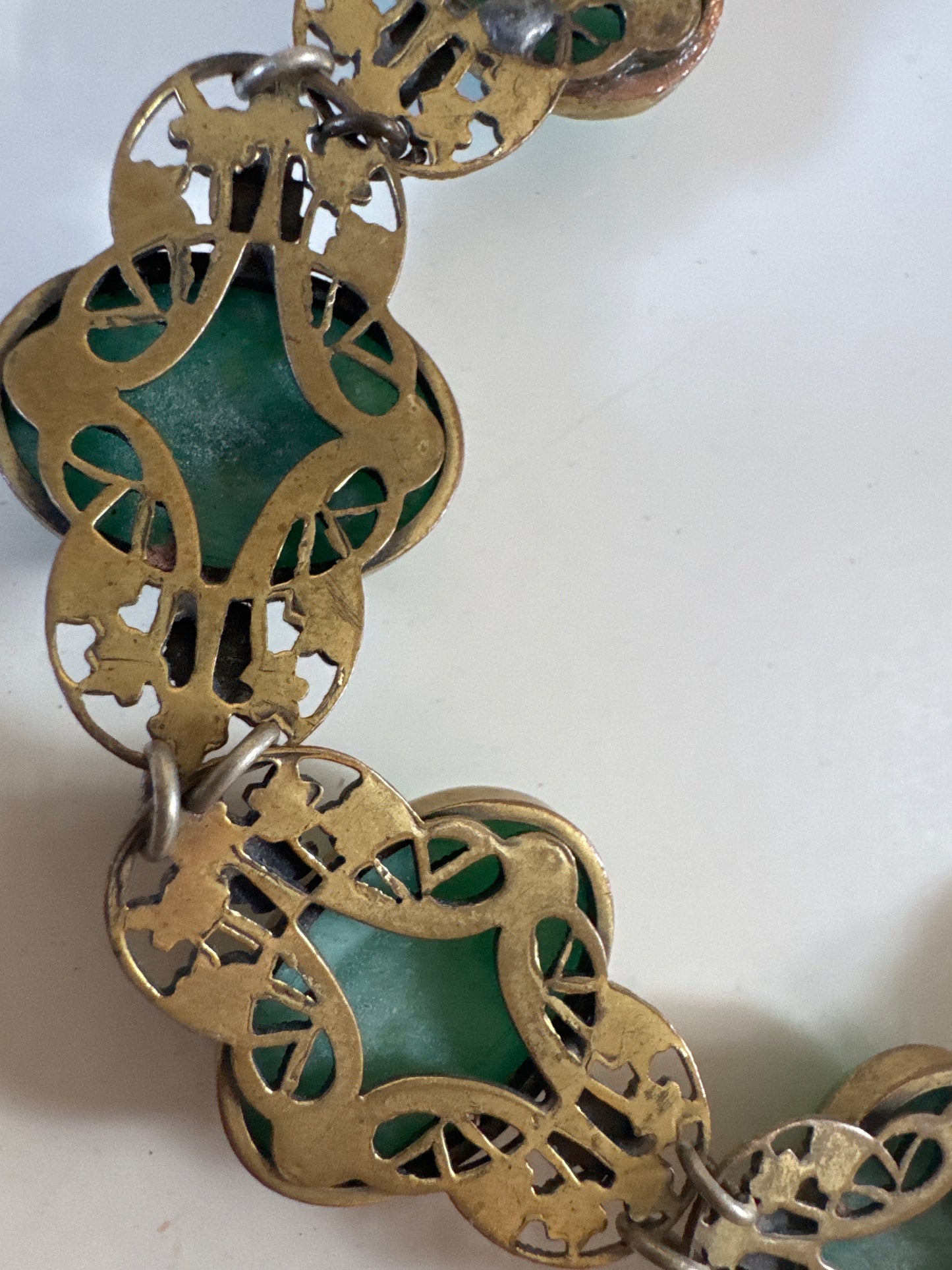 Gorgeous 1930s green stone bracelet with enamel