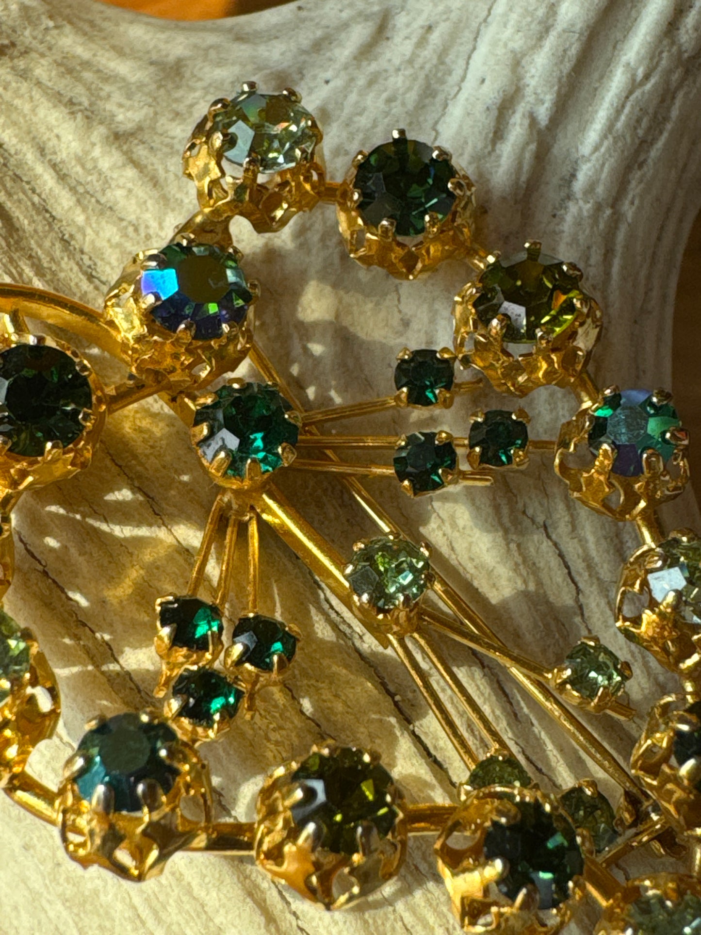Beautiful vintage, green Aurora borealis brooch, signed Austria