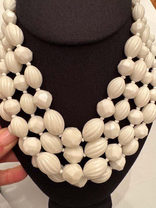 Beautiful four strand white 1950s beaded necklace. signed Germany. Perfect for summer PARIS LIVE