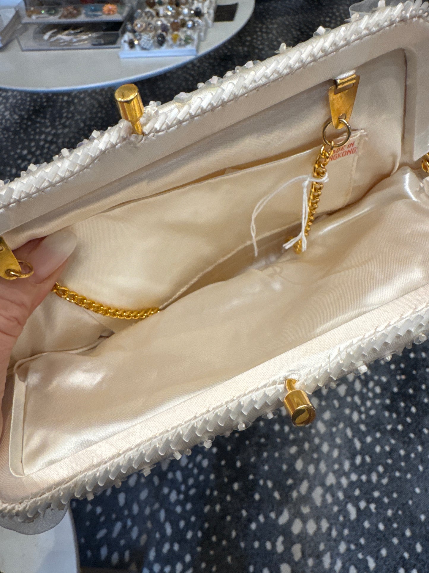 1950s gorgeous ivory bag with sequin mother-of-pearl beating and chiffon flowers. clutch with optional gold chain.