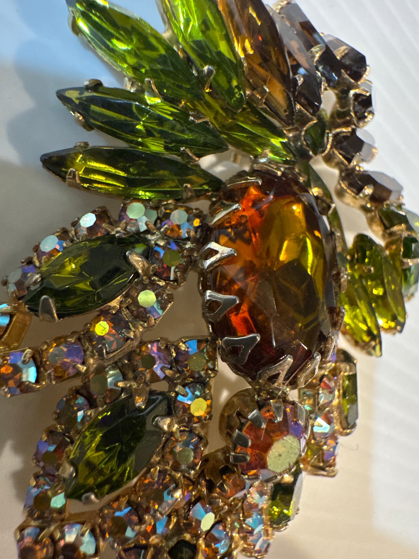 1940s stunning layered Juliana olivine and Amber brooch with aurora borealis