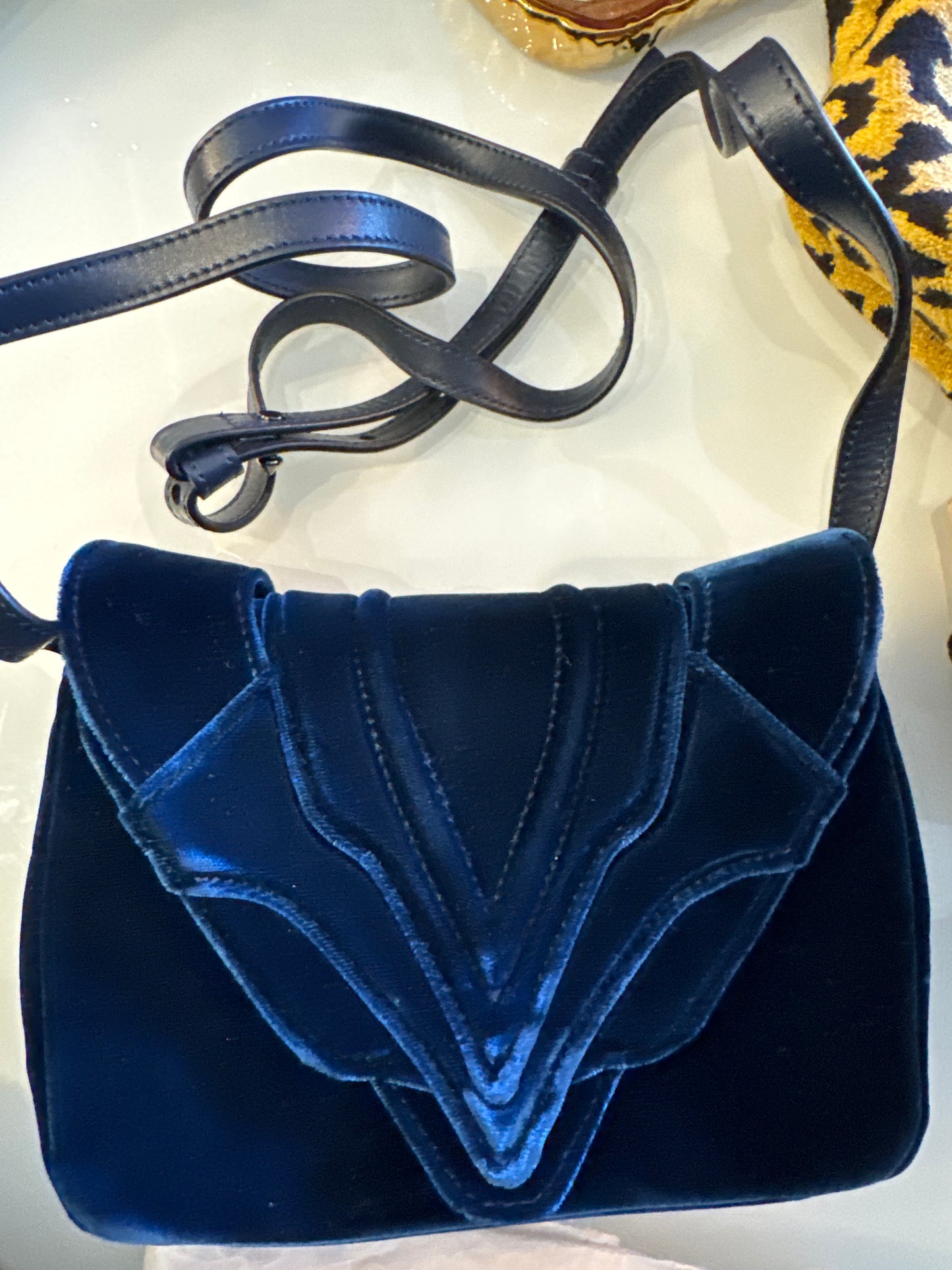 Midnight Blue leather and velvet crossbody or clutch handbag by Elena Ghisellini. Brand new.