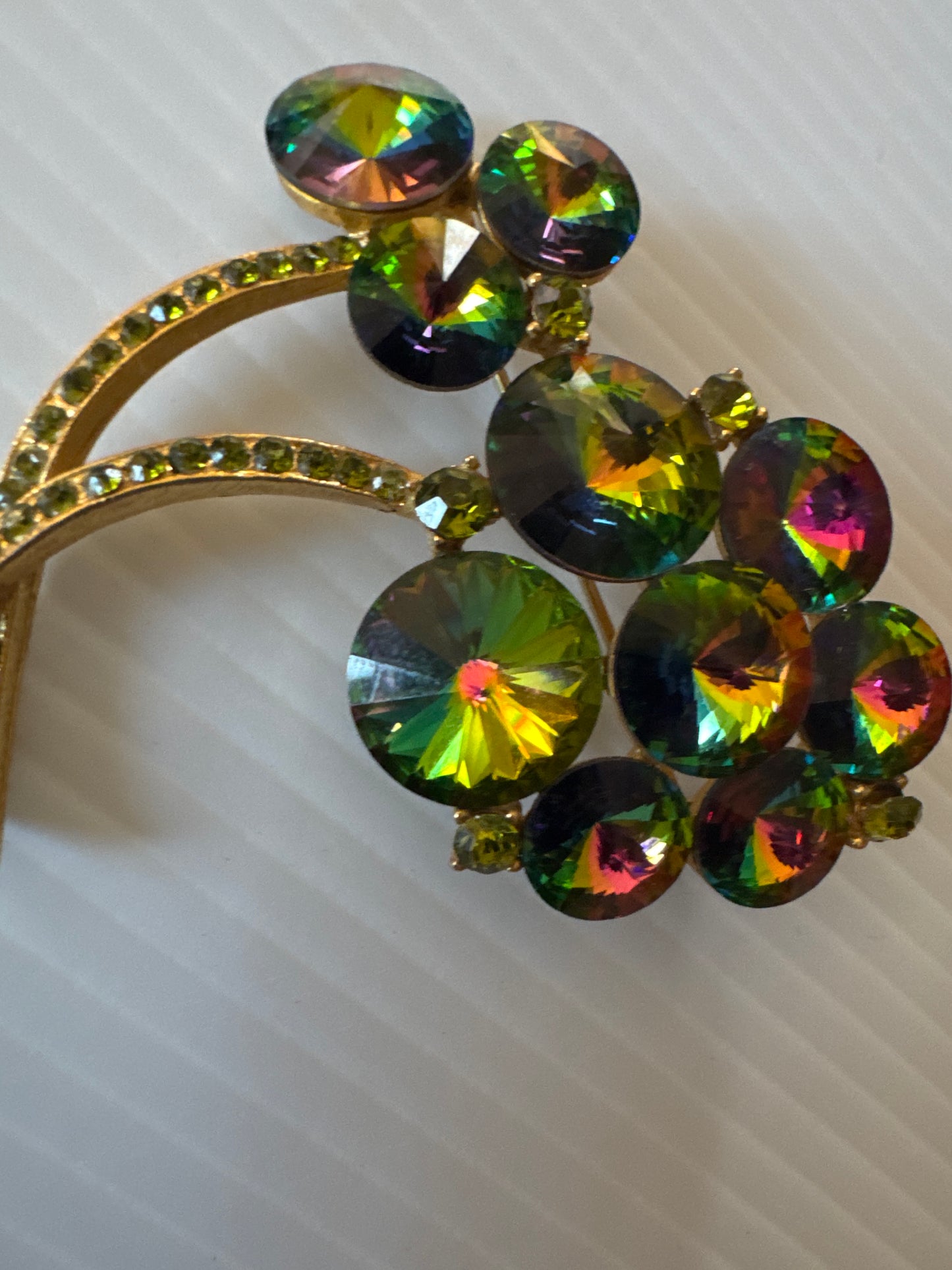 Beautiful 1950s signed watermelon flower brooch with green rhinestone stems