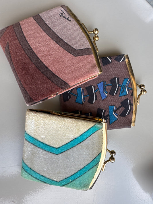 Three beautiful vintage 1960s Pucci fabric change purses with leather interior. Sold separately. Tom.