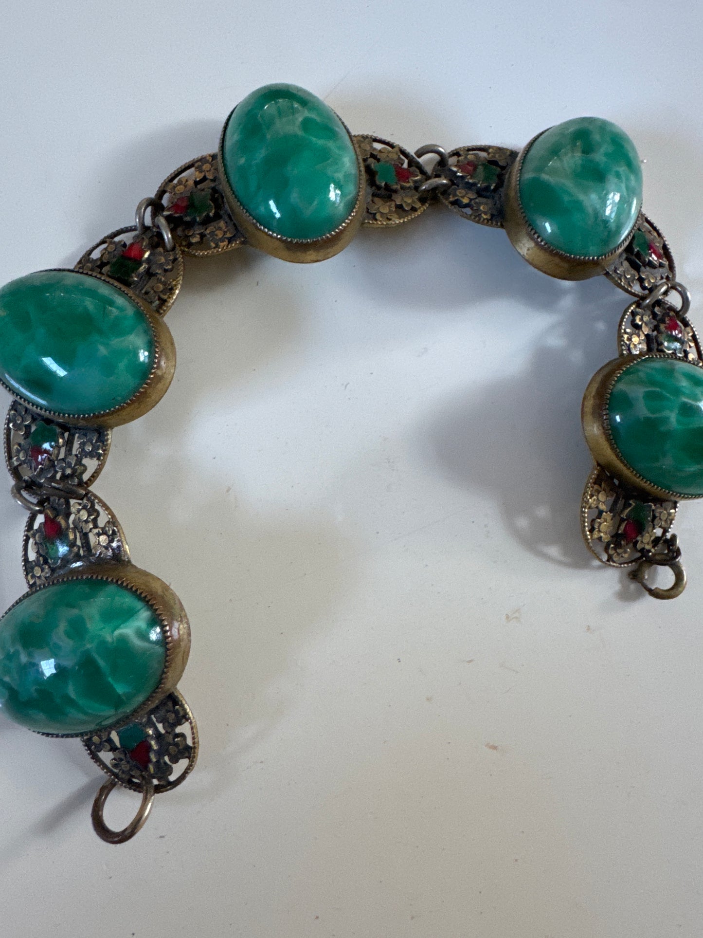 Gorgeous 1930s green stone bracelet with enamel
