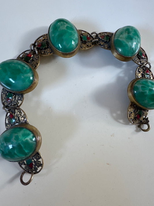 Gorgeous 1930s green stone bracelet with enamel