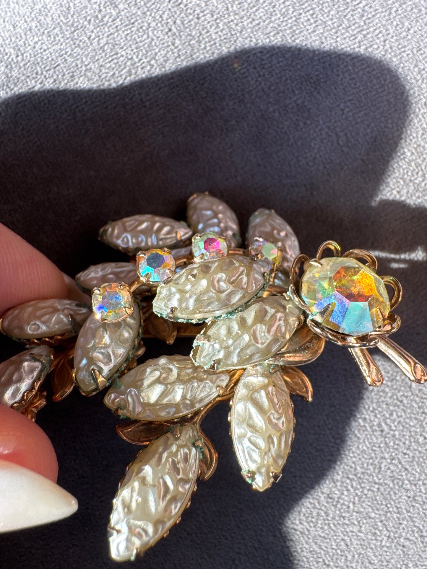 stunning, vintage, baroque pearl and Aurora borealis brooch with rhinestones. Very unique
