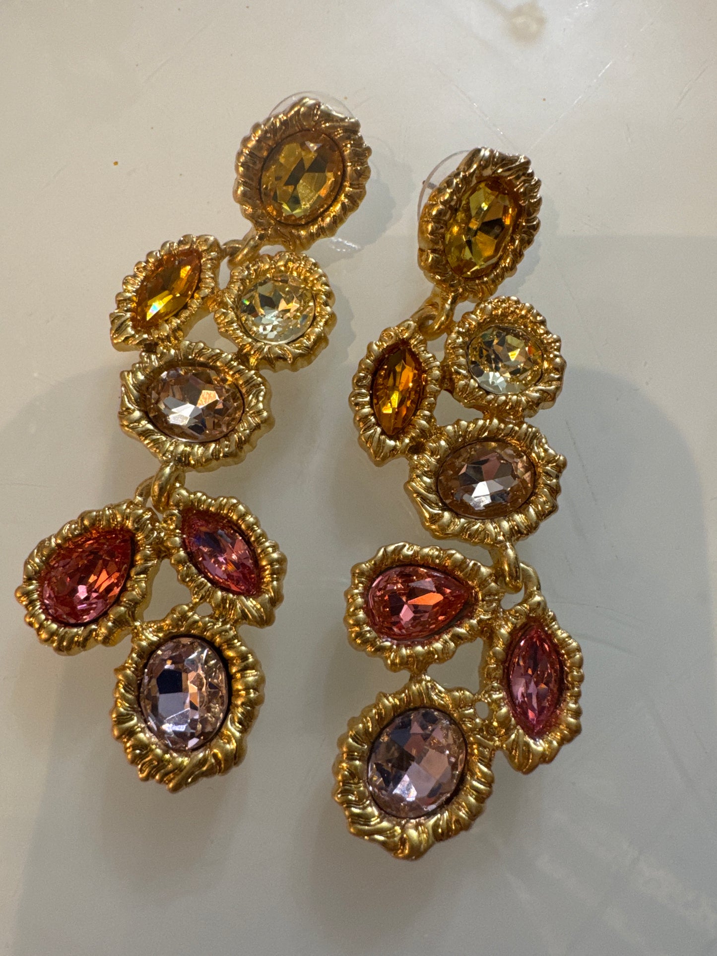 Retro dangle earrings with pink, amber and light purple stones