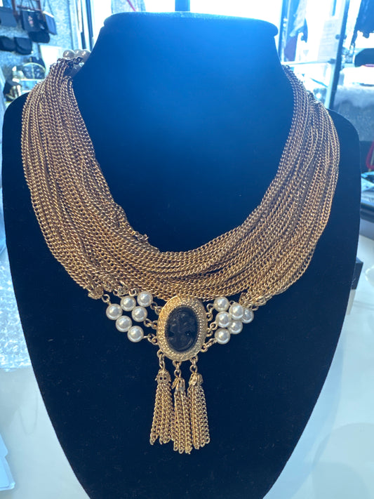Fabulous vintage multi strand, gold tone, cameo necklace with pearls and tassel