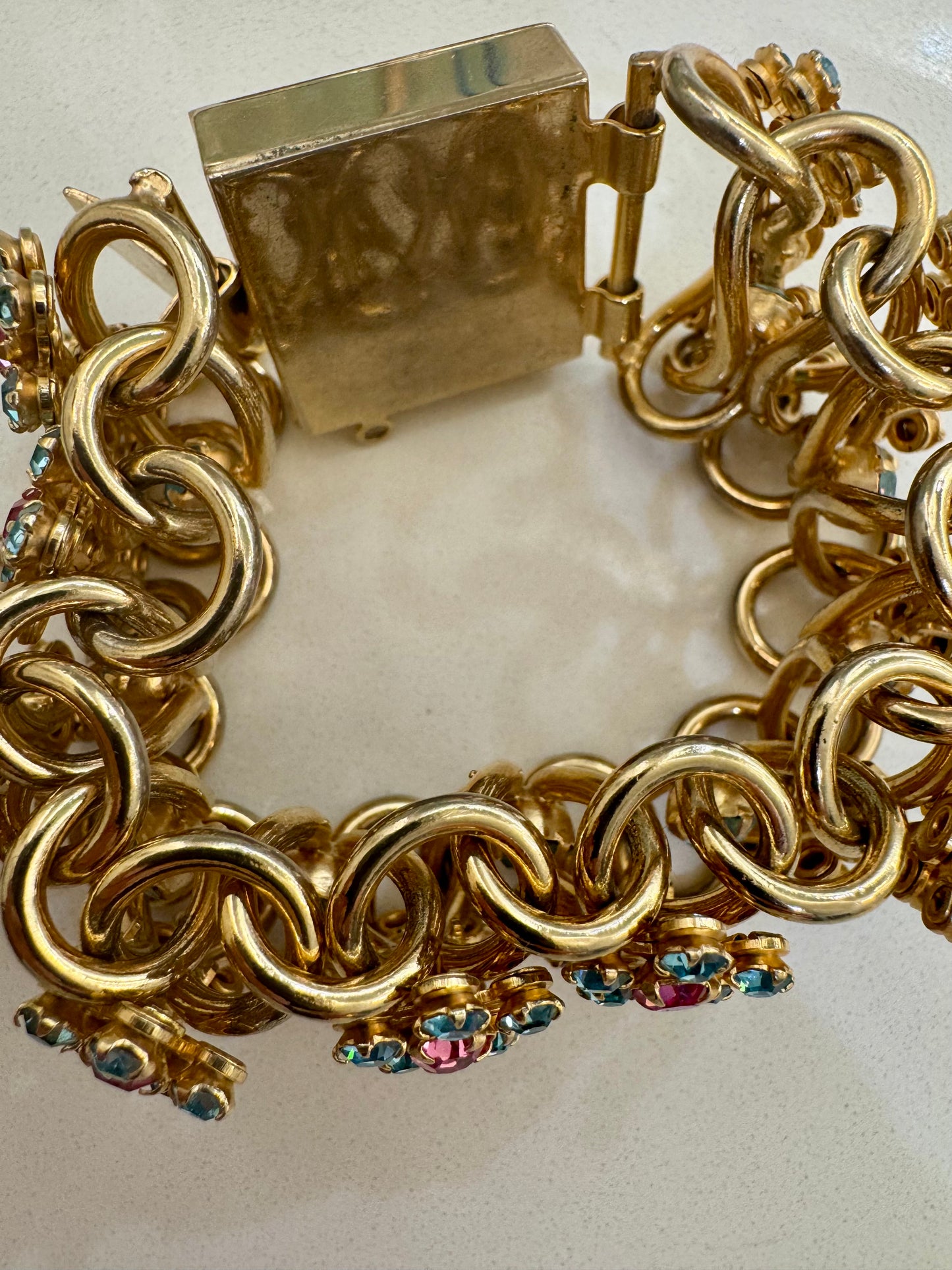 Gorgeous Vintage Juliana goldtone bracelet with blue & pink rhinestones. Oscar worthy!