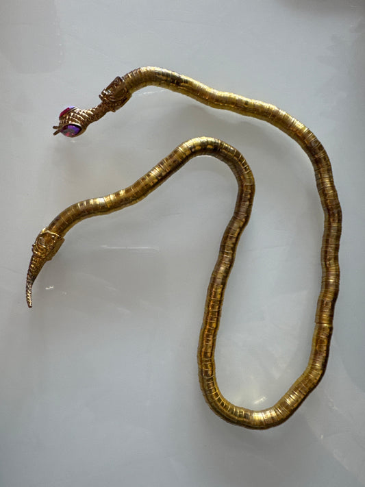 Vintage gold tone, moldable snake necklace/bracelet with rhinestone eyes