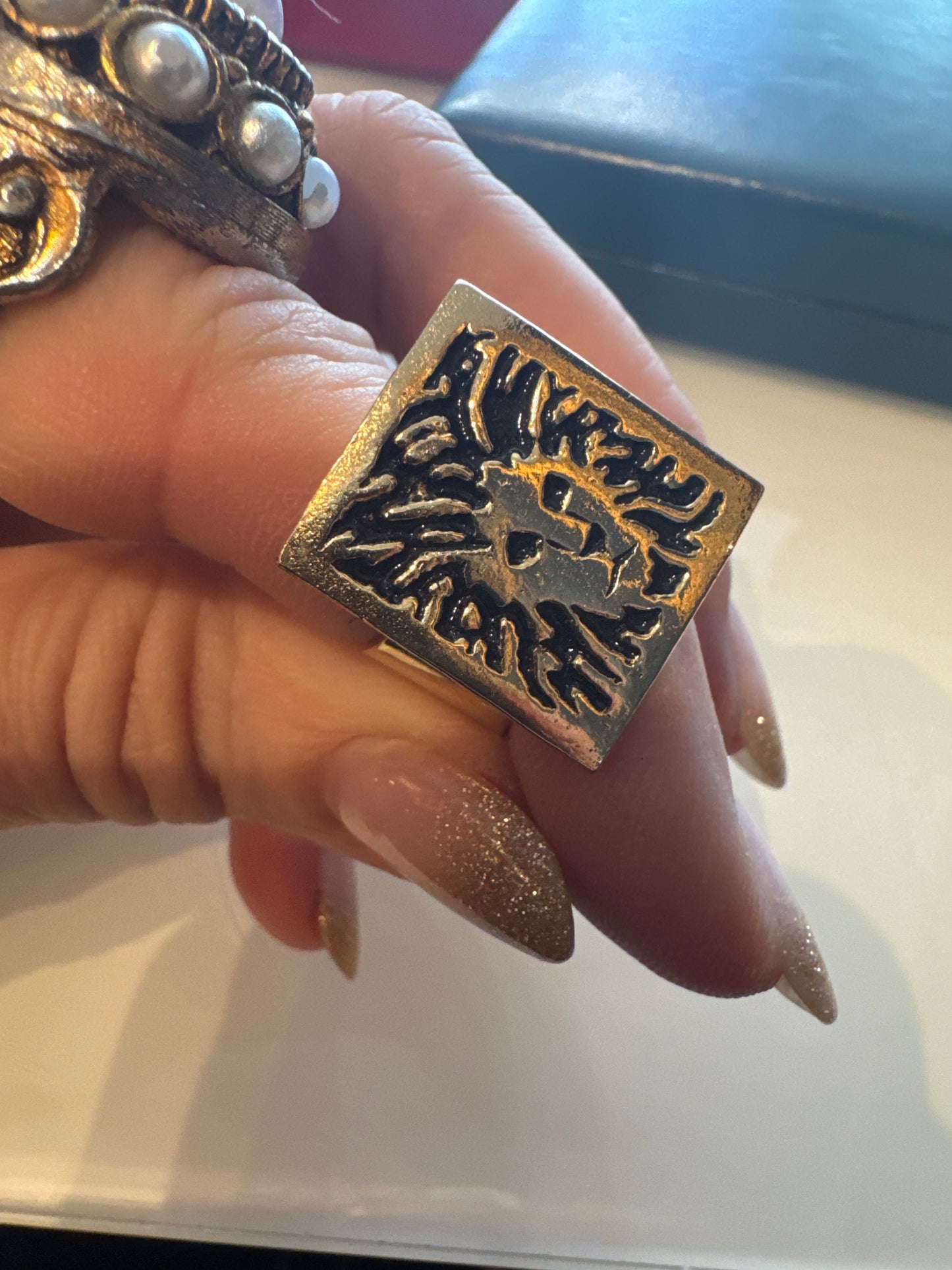 1980s vintage ANN KLEIN tiger ring in gold tone with black enamel