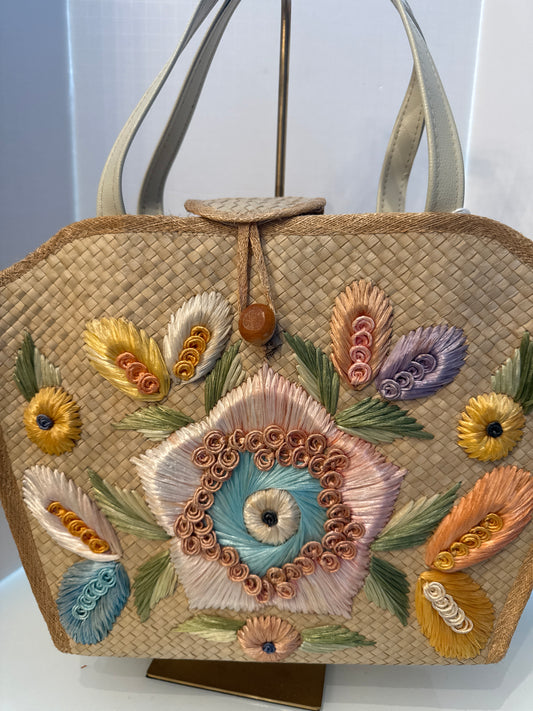 1950s jumbo wicker tote with pastel flower embroidery and leather top handle
