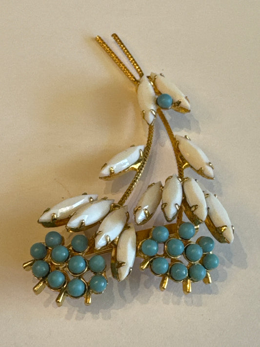 1950s milk glass with turquoise stone flower brooch