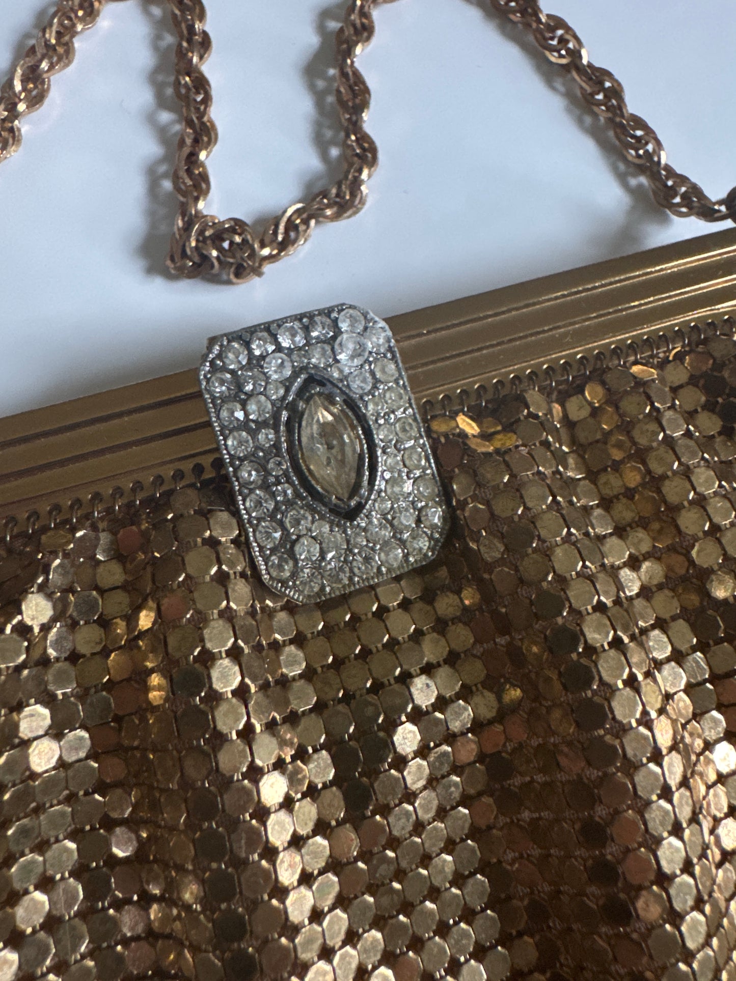 1930s Whiting in Davis gold mesh evening bag.  made around the same time as Schiaparelli's Collab with the brand. Could it be?