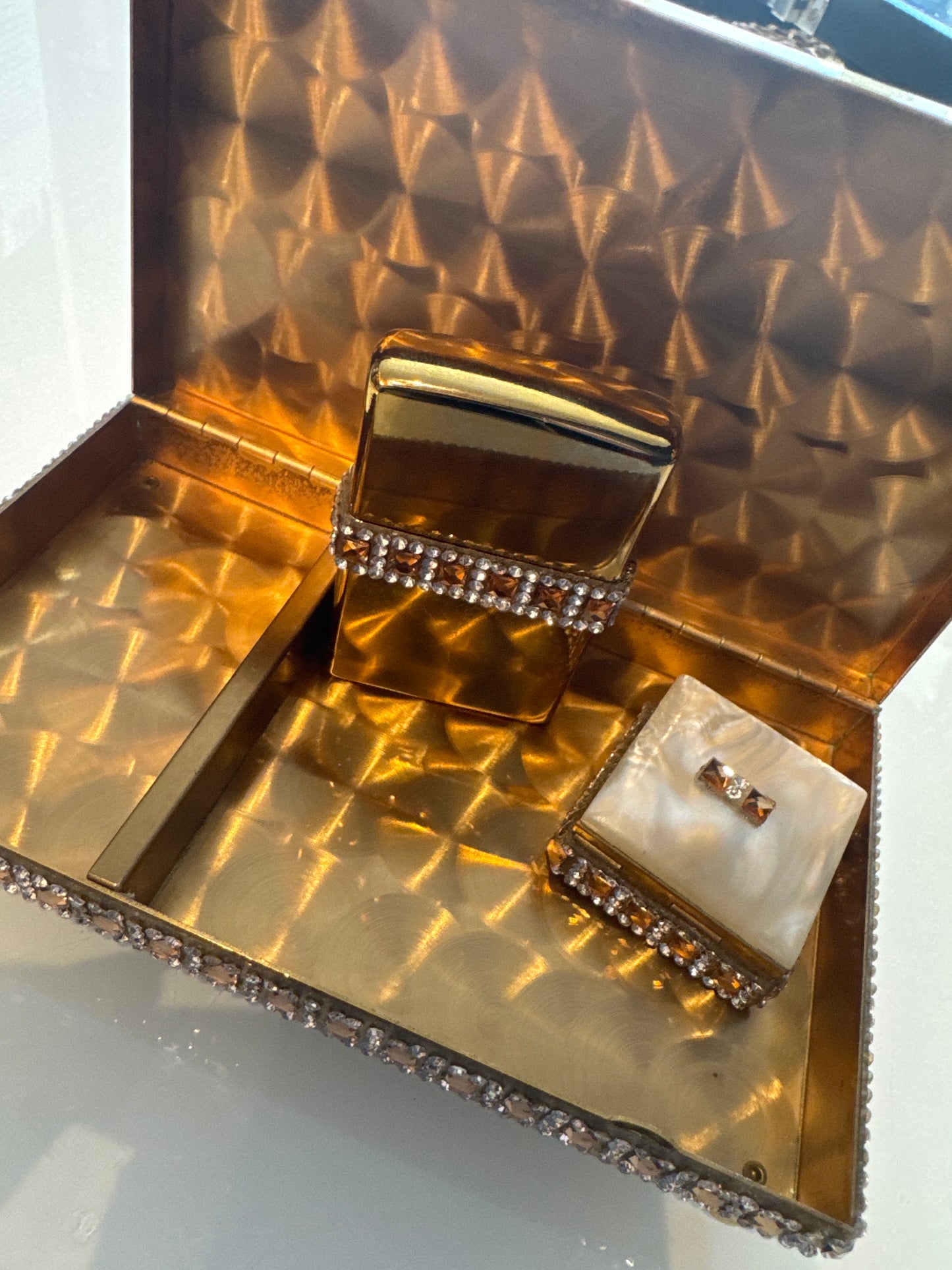 3-piece 1940s rhinestone vanity cigarette case, trinket box and lighter