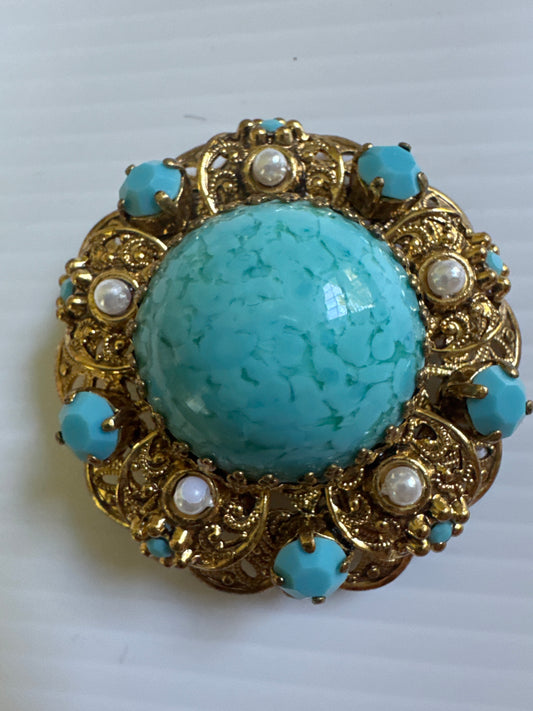 Beautiful vintage, signed West Germany, robin's egg blue cabachon filigree brooch with turquoise stones, rhinestones, and pearls