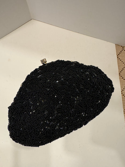 black beaded handbag with kiss lock