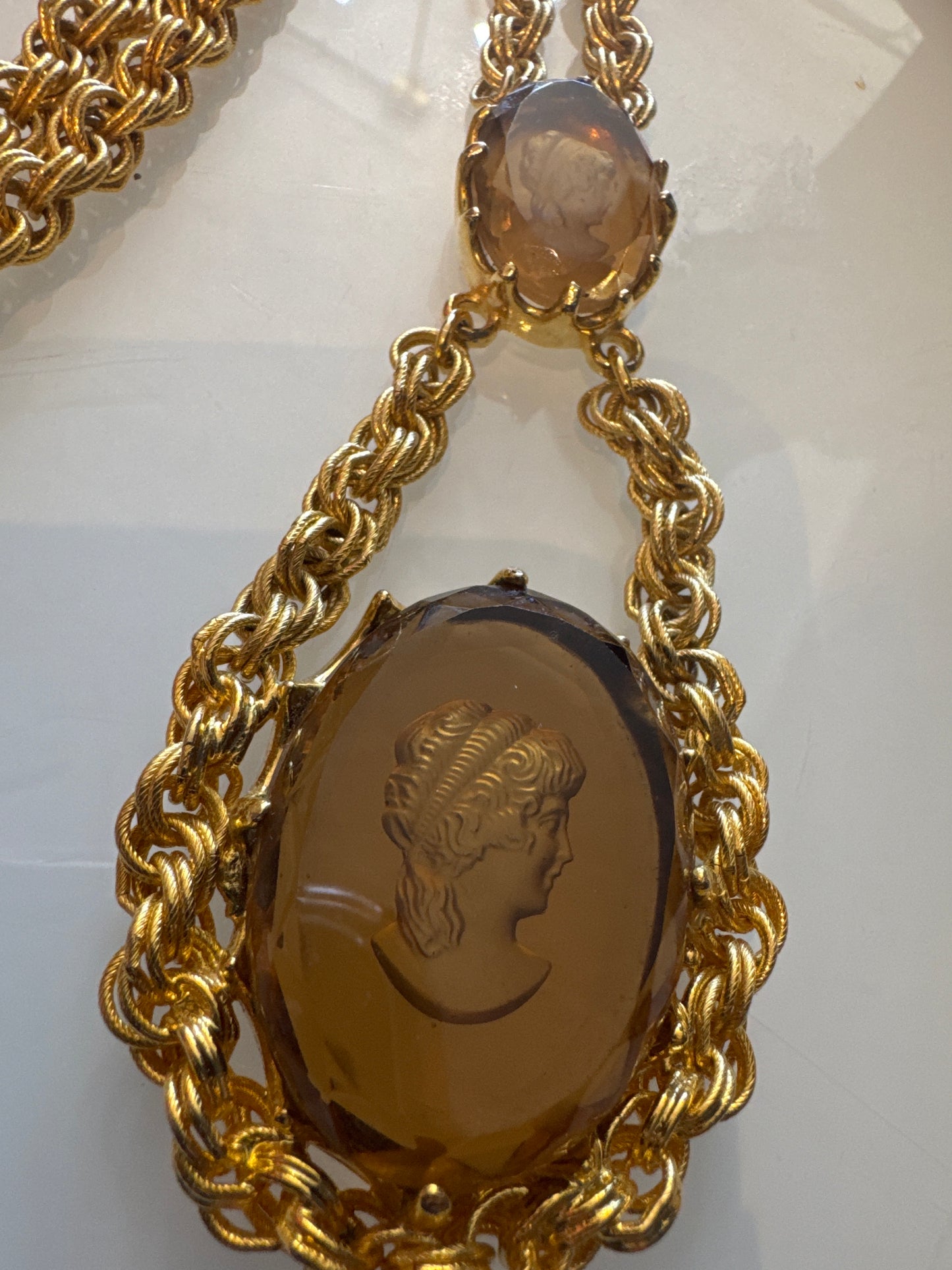 Stunning vintage, long chain, cameo necklace with double cameos