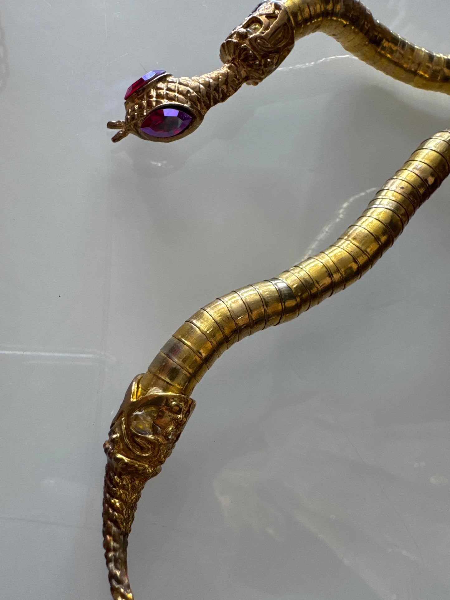 Vintage gold tone, moldable snake necklace/bracelet with rhinestone eyes
