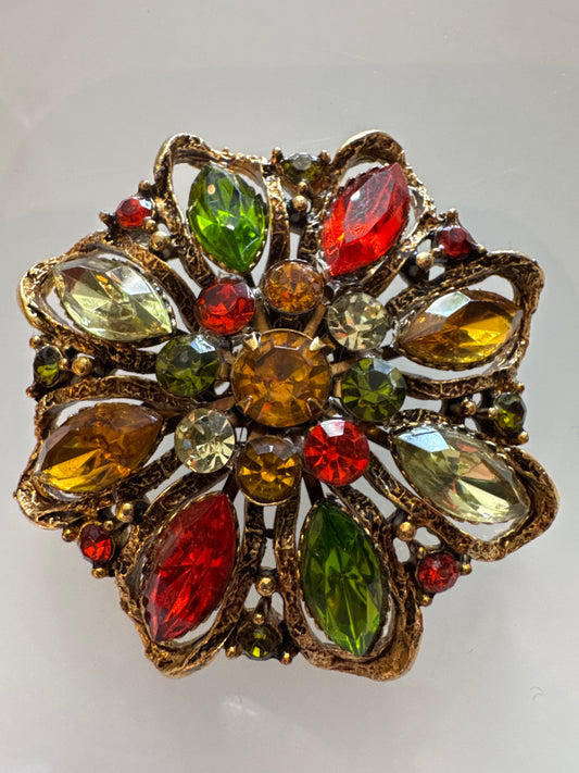 Vintage gold tone, brooch with orange green and Amber rhinestones