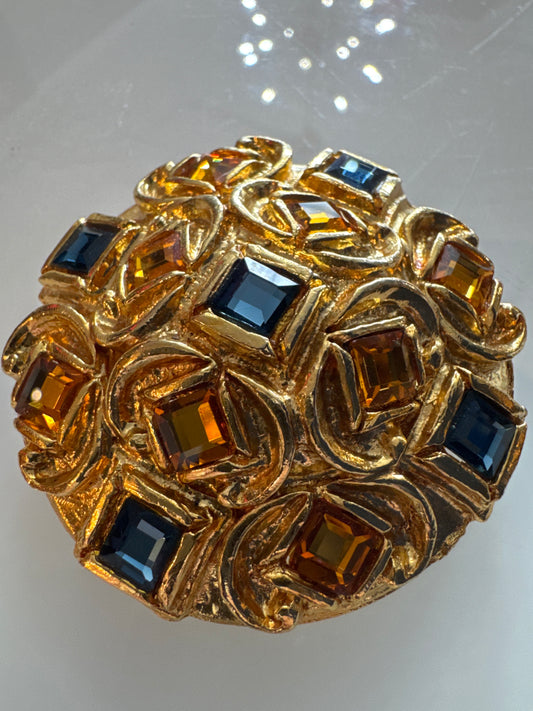 Beautiful round signed CRAFT gold tone brooch with Amber and blue rhinestones