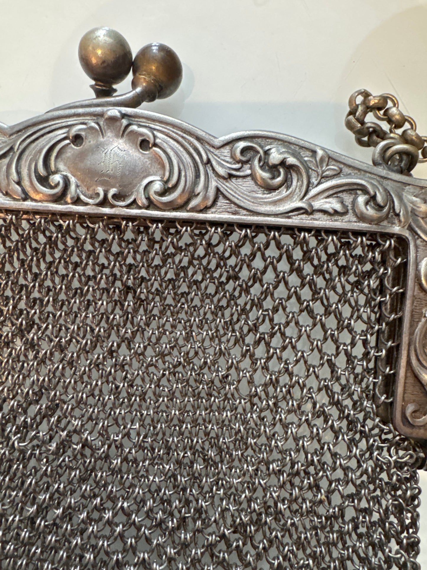 1920s pewter metal bag with long chain that can be used as a Crossbody strap or long necklace