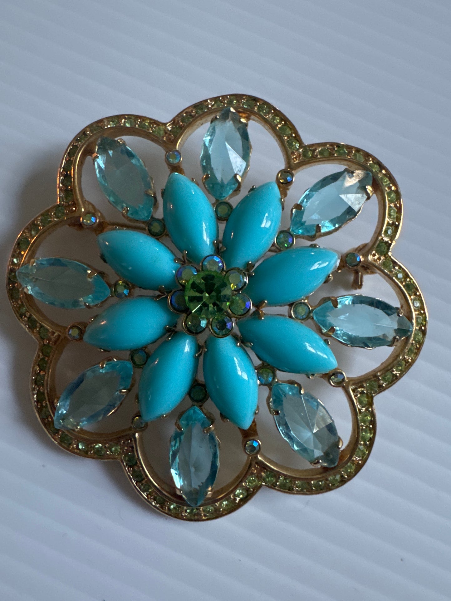 1970s gold tone brooch with turquoise cabochon and green rhinestones