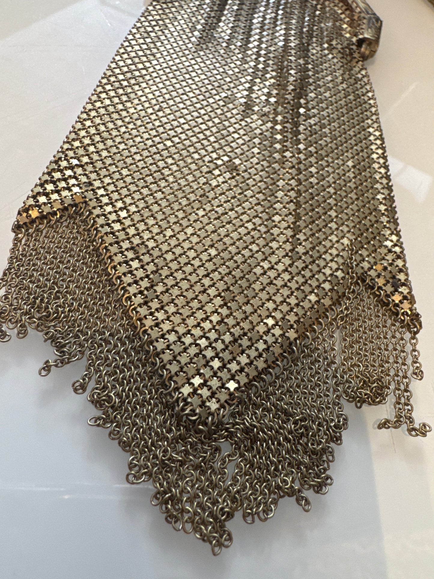 1920s gold mesh flapper bracelet dance bag with blue cabochon