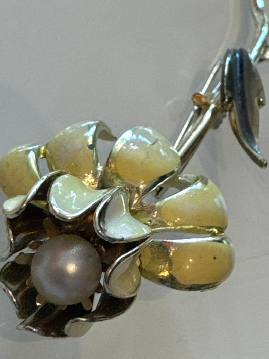 signed CORO flower brooch with pearl inside the petal