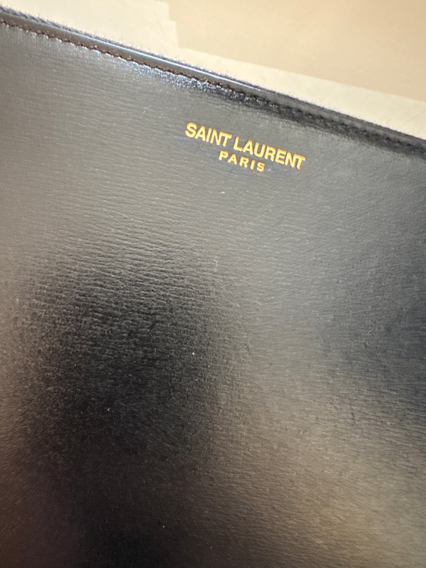 Saint Laurent, Paris, black leather envelope clutch with zip top, original box and dust bag